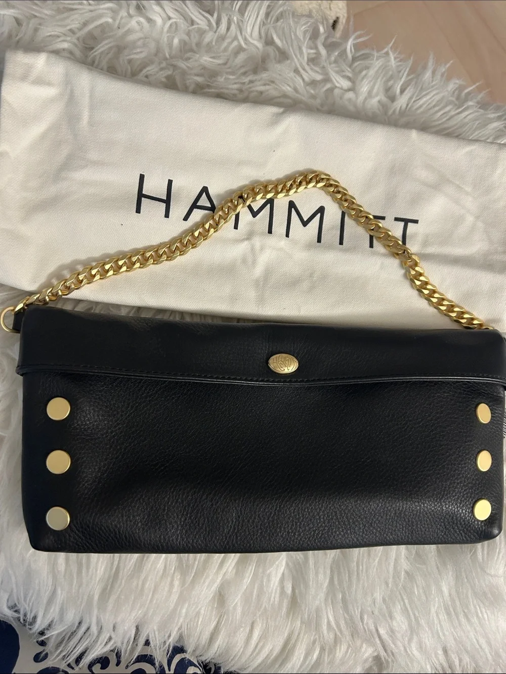 Hammitt Black Leather Foldover Clutch with Gold Chain
